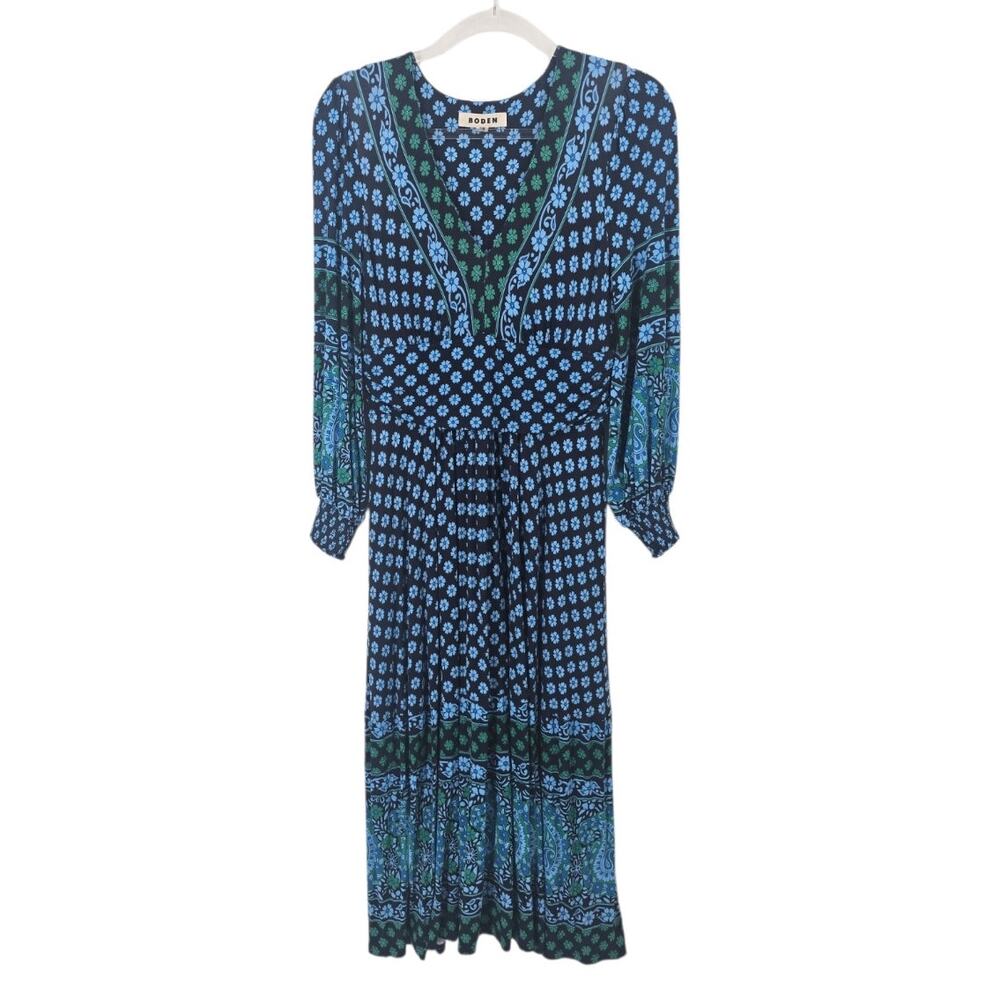Boden Floral Paisley Jersey Maxi Dress Defined Waist Pockets Blue Green Size 8P